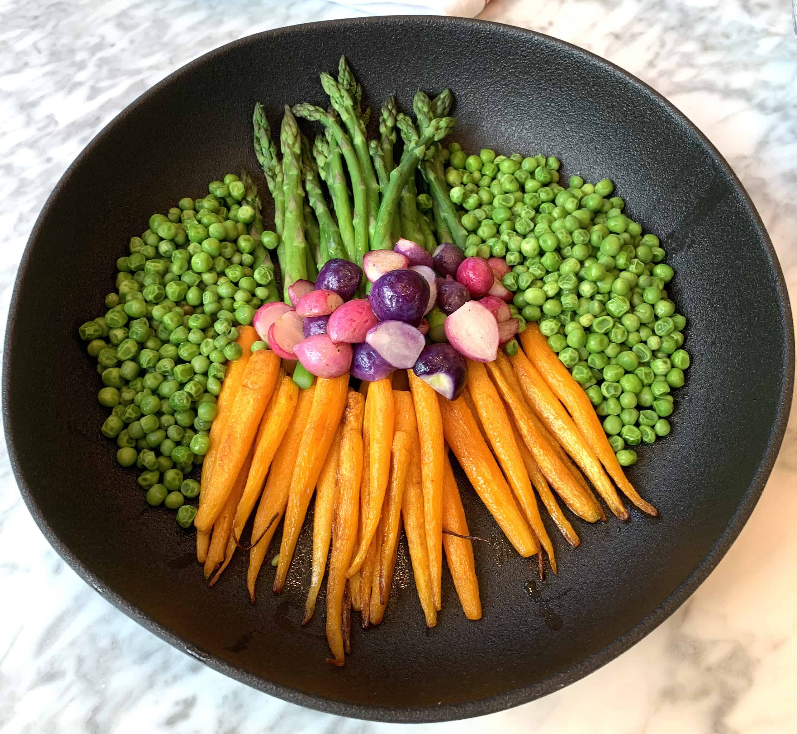 Carrots, peas, asparagus, and radishes